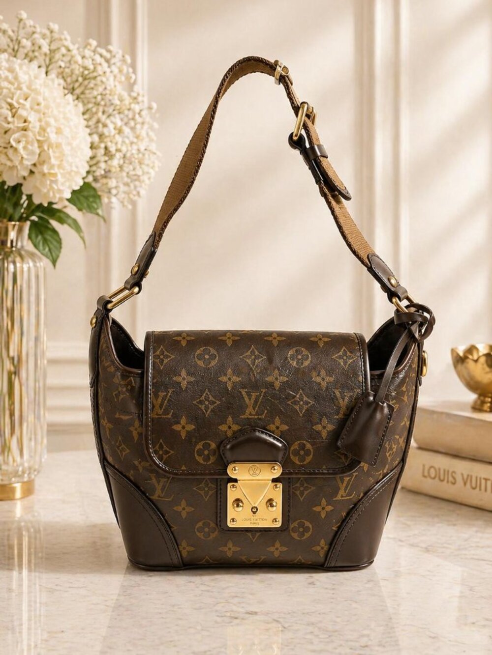 Authentic Louis Vuitton Monogram Serjan PM Shoulder Bag Dark Leather